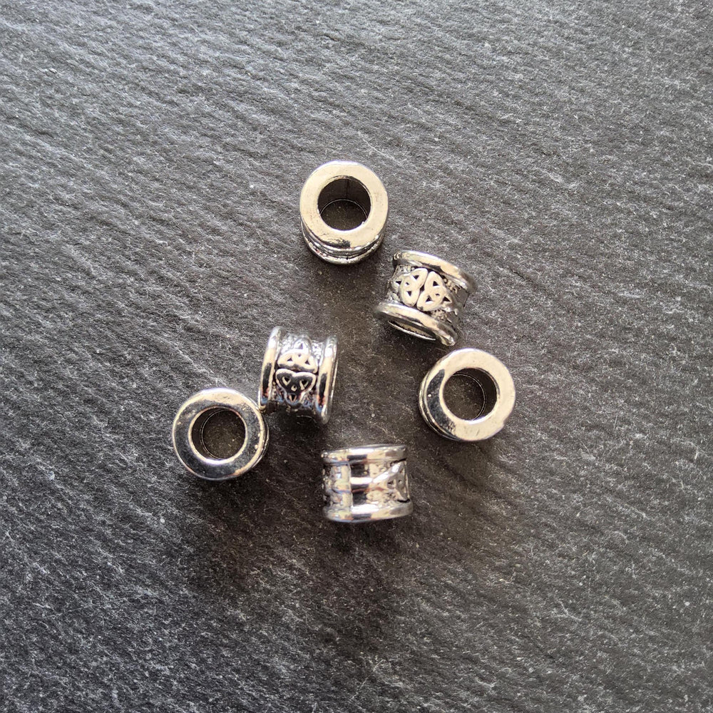 6 or 30 Celtic Knot Beads Antique Silver Tone Triquetra Design Cylinder Charm 11x8mm. Large 6.4mm Hole (seconds)