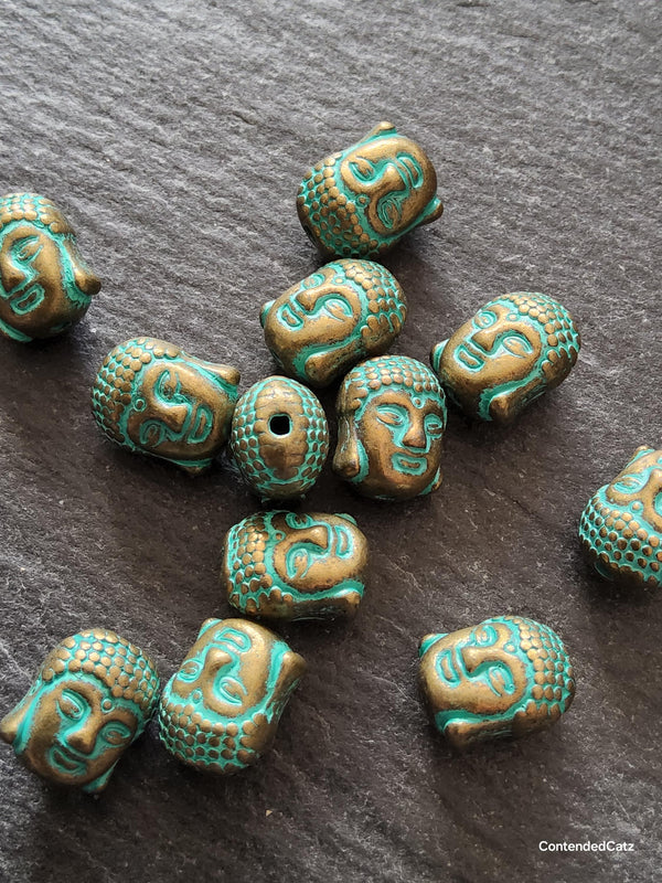 8 or 40 Buddha Head Beads Antique Bronze Tone Alloy with Green Patina 11x9mm Hole: 1.7mm