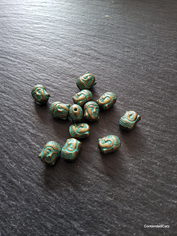 8 or 40 Buddha Head Beads Antique Bronze Tone Alloy with Green Patina 11x9mm Hole: 1.7mm