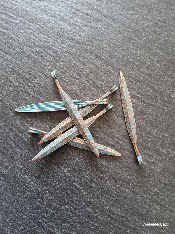 10 or 50 Long Antique Copper Alloy Leaf Charms with Blue Patina 56x6mm