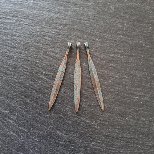 10 or 50 Long Antique Copper Alloy Leaf Charms with Blue Patina 56x6mm