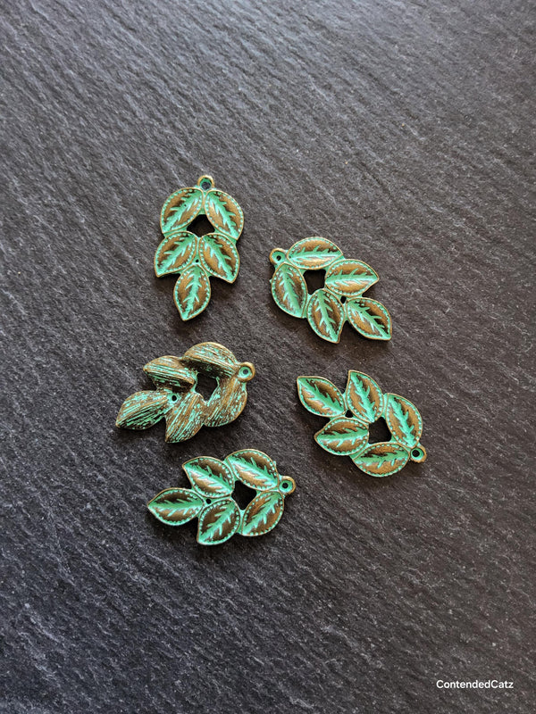 4 or 20 Antique Bronze Leaf Branch Charms with Green Patina 32x19x3mm - ContentedCatz