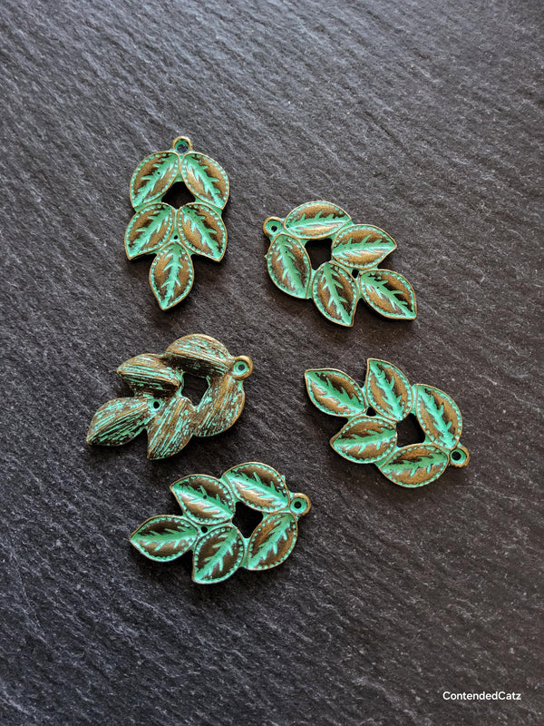 4 or 20 Antique Bronze Leaf Branch Charms with Green Patina 32x19x3mm - ContentedCatz