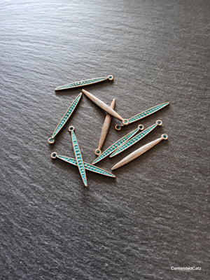 8 or 40 Long Antique Copper Alloy Long Drop Charms with Blue Patina 34x3.5mm - ContentedCatz