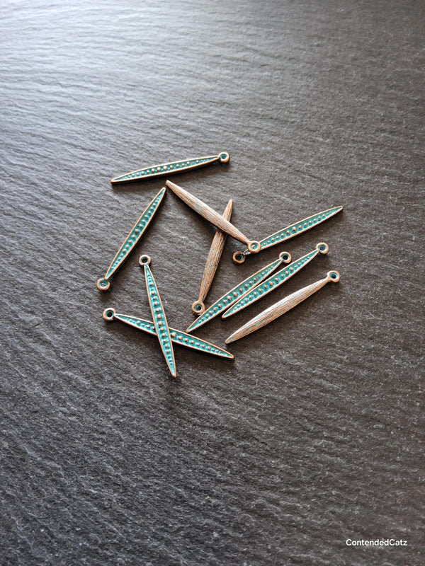 8 or 40 Long Antique Copper Alloy Long Drop Charms with Blue Patina 34x3.5mm - ContentedCatz