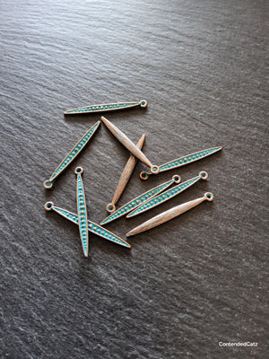 8 or 40 Long Antique Copper Alloy Long Drop Charms with Blue Patina 34x3.5mm - ContentedCatz