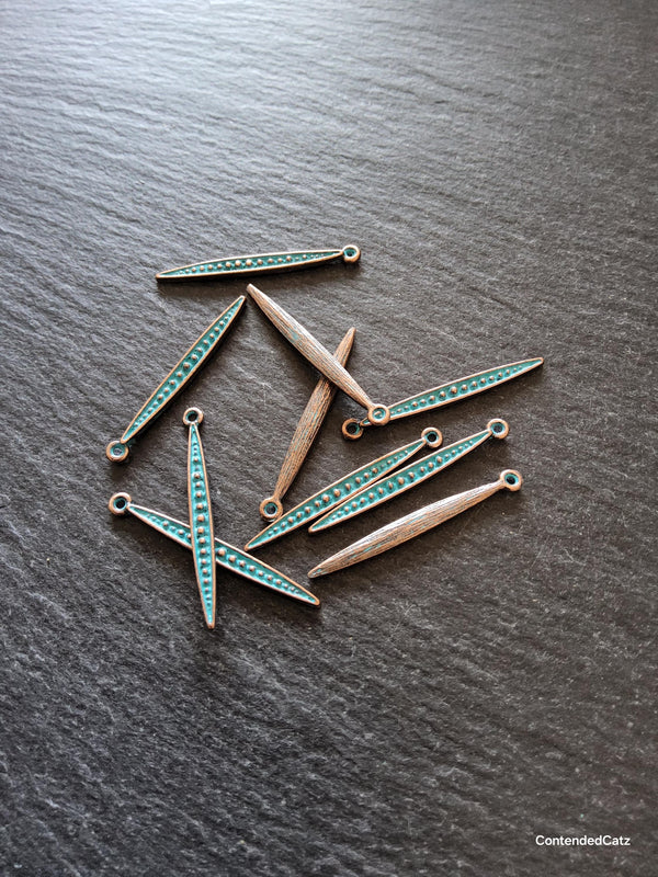 8 or 40 Long Antique Copper Alloy Long Drop Charms with Blue Patina 34x3.5mm - ContentedCatz