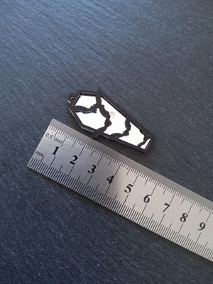 Set of 2 Black & Mirrored Acrylic Coffin Charms Bat and Spider Web 47.5x20mm