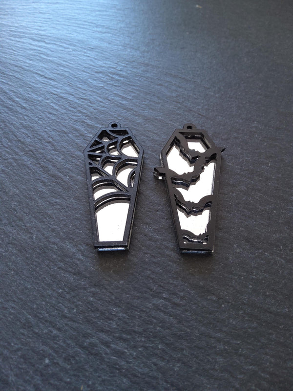 Set of 2 Black & Mirrored Acrylic Coffin Charms Bat and Spider Web 47.5x20mm