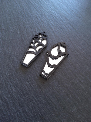 Set of 2 Black & Mirrored Acrylic Coffin Charms Bat and Spider Web 47.5x20mm