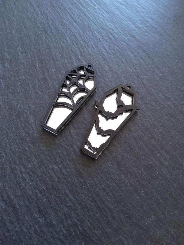 Set of 2 Black & Mirrored Acrylic Coffin Charms Bat and Spider Web 47.5x20mm