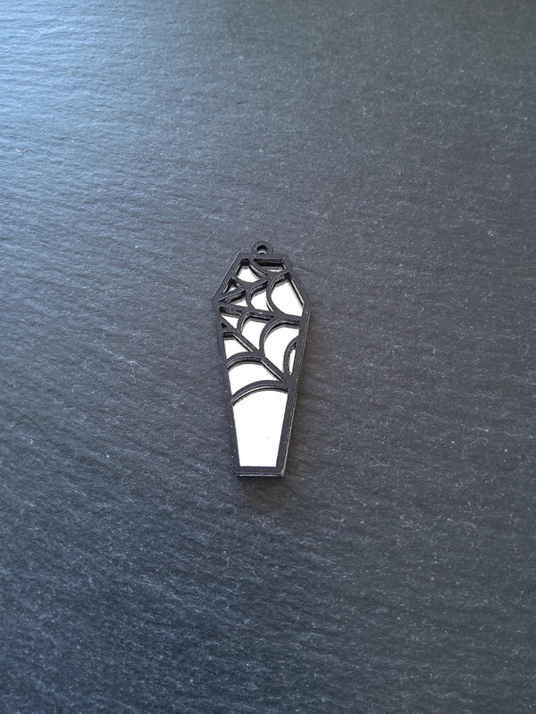 Set of 2 Black & Mirrored Acrylic Coffin Charms Bat and Spider Web 47.5x20mm