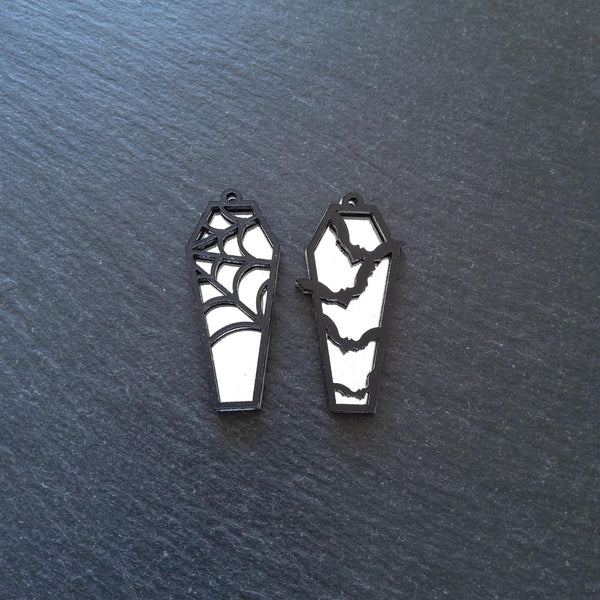 Set of 2 Black & Mirrored Acrylic Coffin Charms Bat and Spider Web 47.5x20mm