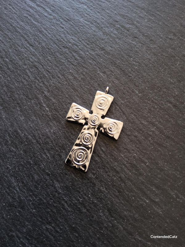 Bright Stainless Steel Cross Pendant with Swirl Pattern 47x30x1.5mm