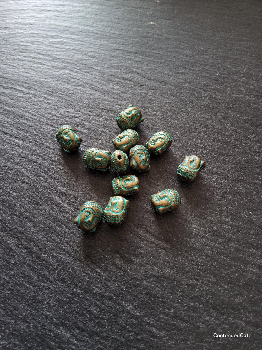 8 or 40 Buddha Head Beads Antique Bronze Tone Alloy with Green Patina 11x9mm Hole: 1.7mm