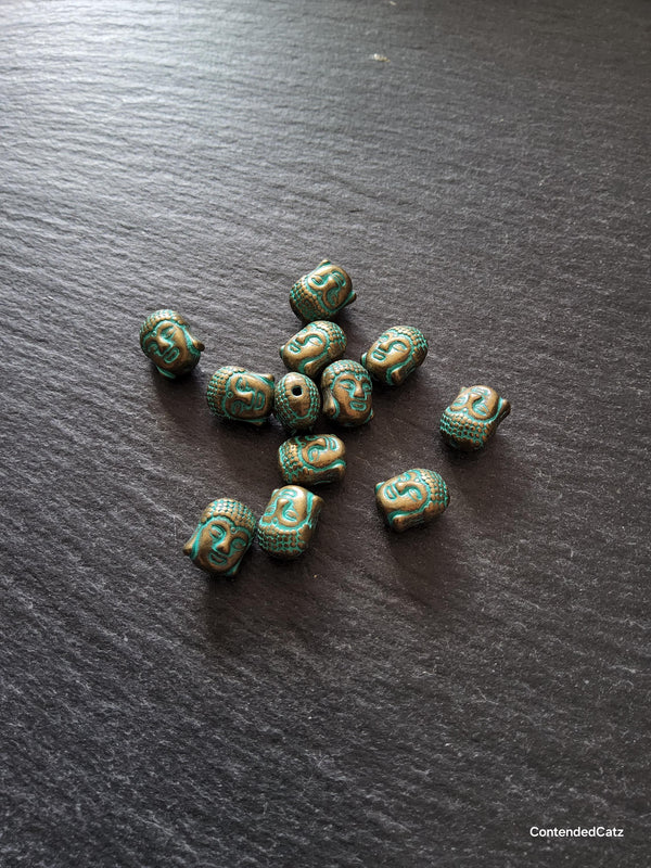 8 or 40 Buddha Head Beads Antique Bronze Tone Alloy with Green Patina 11x9mm Hole: 1.7mm