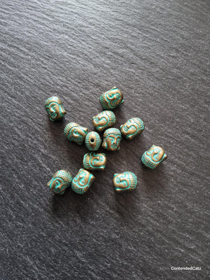 8 or 40 Buddha Head Beads Antique Bronze Tone Alloy with Green Patina 11x9mm Hole: 1.7mm