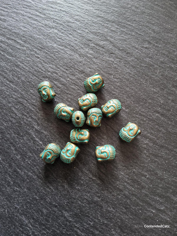 8 or 40 Buddha Head Beads Antique Bronze Tone Alloy with Green Patina 11x9mm Hole: 1.7mm