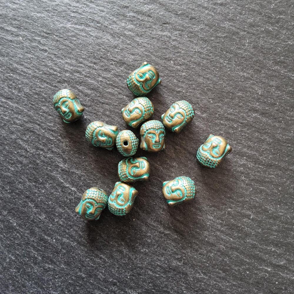 8 or 40 Buddha Head Beads Antique Bronze Tone Alloy with Green Patina 11x9mm Hole: 1.7mm