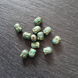 8 or 40 Buddha Head Beads Antique Bronze Tone Alloy with Green Patina 11x9mm Hole: 1.7mm