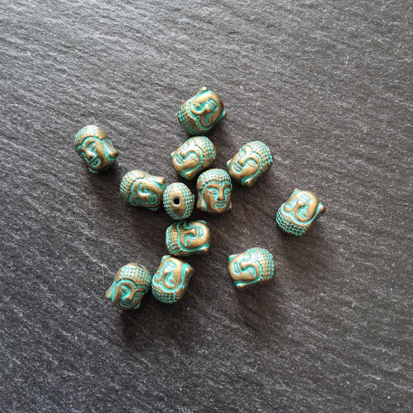 8 or 40 Buddha Head Beads Antique Bronze Tone Alloy with Green Patina 11x9mm Hole: 1.7mm