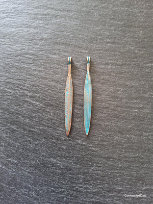 10 or 50 Long Antique Copper Alloy Leaf Charms with Blue Patina 56x6mm