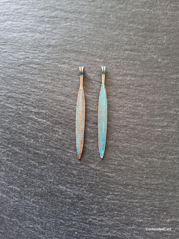 10 or 50 Long Antique Copper Alloy Leaf Charms with Blue Patina 56x6mm
