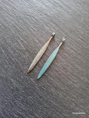 10 or 50 Long Antique Copper Alloy Leaf Charms with Blue Patina 56x6mm