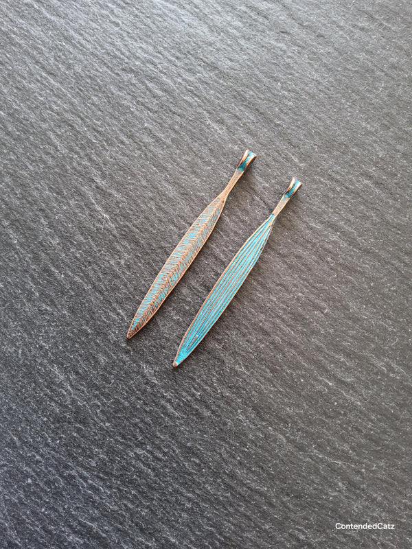 10 or 50 Long Antique Copper Alloy Leaf Charms with Blue Patina 56x6mm