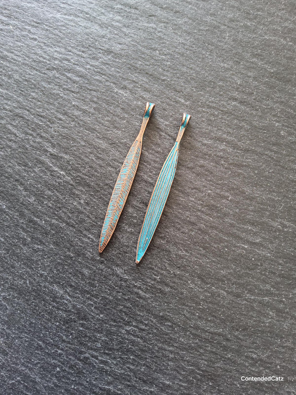 10 or 50 Long Antique Copper Alloy Leaf Charms with Blue Patina 56x6mm