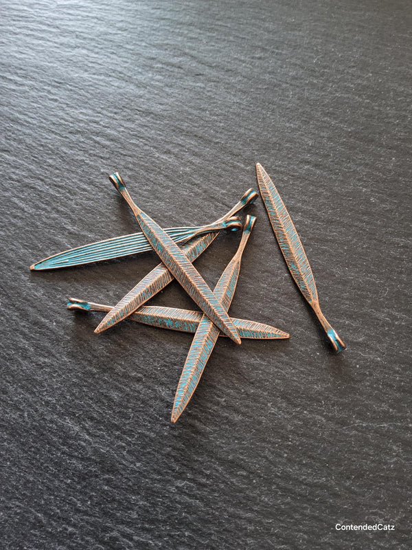 10 or 50 Long Antique Copper Alloy Leaf Charms with Blue Patina 56x6mm