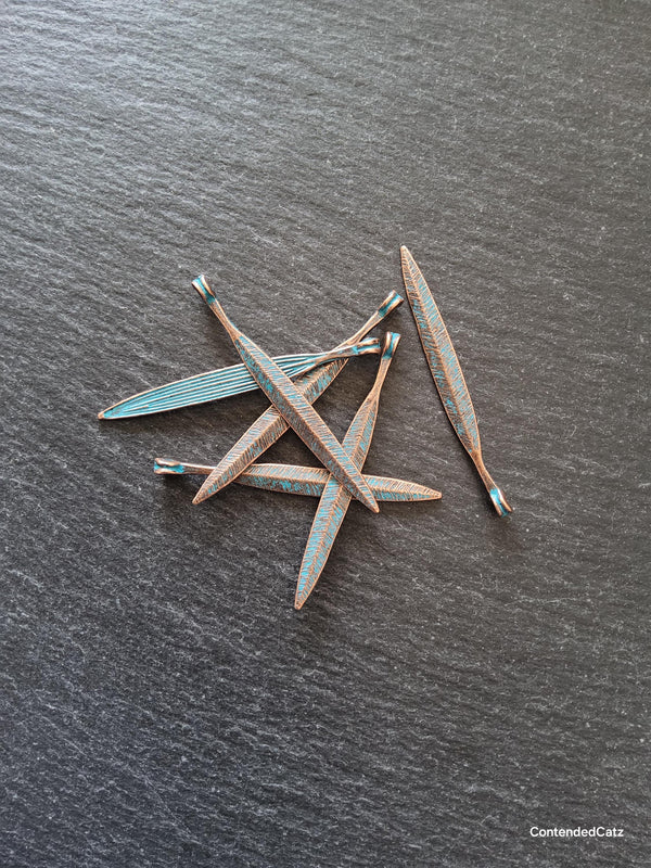 10 or 50 Long Antique Copper Alloy Leaf Charms with Blue Patina 56x6mm