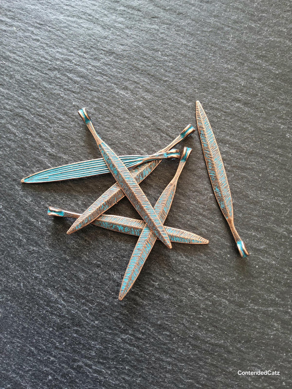 10 or 50 Long Antique Copper Alloy Leaf Charms with Blue Patina 56x6mm