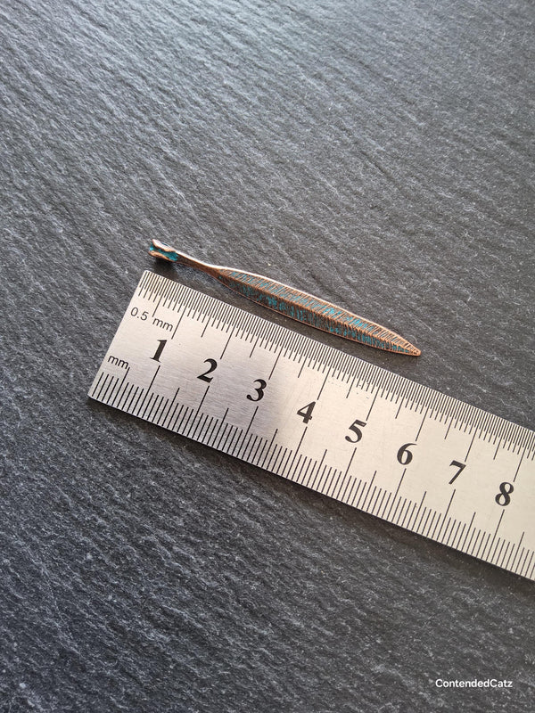 10 or 50 Long Antique Copper Alloy Leaf Charms with Blue Patina 56x6mm