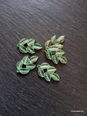 4 or 20 Antique Bronze Leaf Branch Charms with Green Patina 32x19x3mm - ContentedCatz