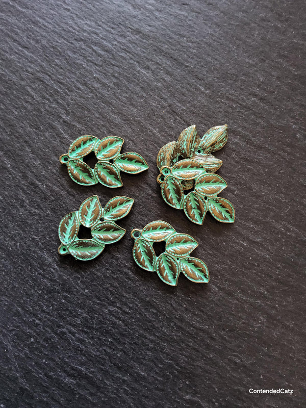4 or 20 Antique Bronze Leaf Branch Charms with Green Patina 32x19x3mm - ContentedCatz