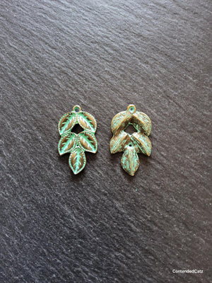 4 or 20 Antique Bronze Leaf Branch Charms with Green Patina 32x19x3mm - ContentedCatz