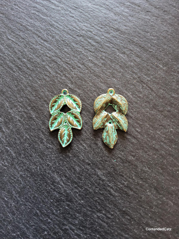 4 or 20 Antique Bronze Leaf Branch Charms with Green Patina 32x19x3mm - ContentedCatz