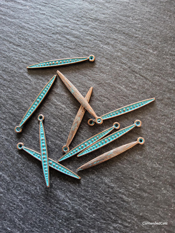 8 or 40 Long Antique Copper Alloy Long Drop Charms with Blue Patina 34x3.5mm - ContentedCatz