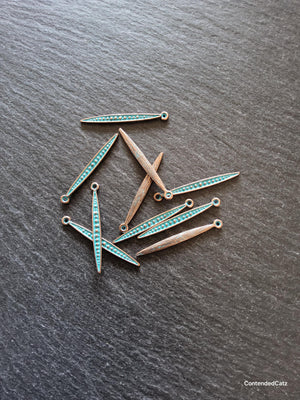 8 or 40 Long Antique Copper Alloy Long Drop Charms with Blue Patina 34x3.5mm - ContentedCatz
