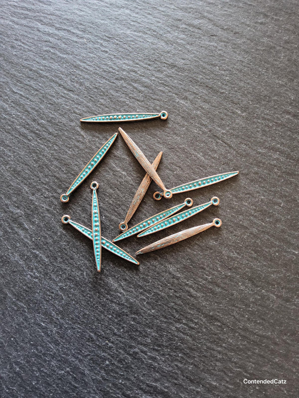 8 or 40 Long Antique Copper Alloy Long Drop Charms with Blue Patina 34x3.5mm - ContentedCatz