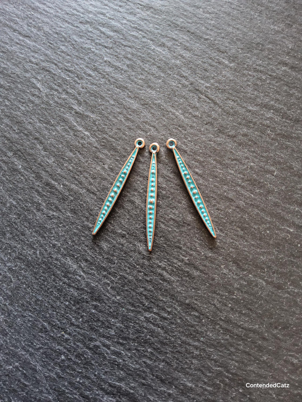 8 or 40 Long Antique Copper Alloy Long Drop Charms with Blue Patina 34x3.5mm - ContentedCatz